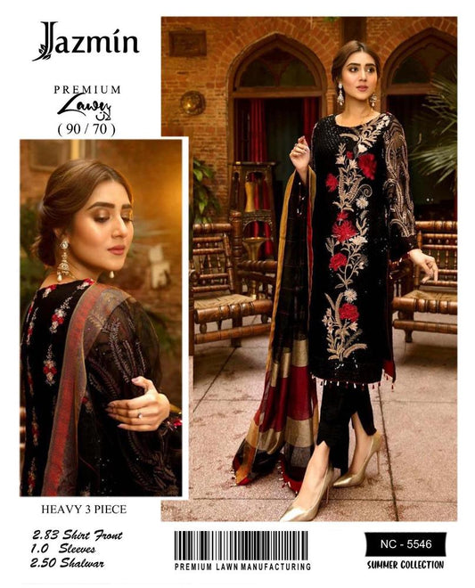 3 Pcs Women's Unstitched Lawn Embroidered Suite